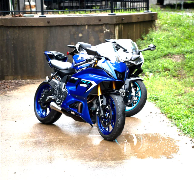Two blue motorcycles after detailing